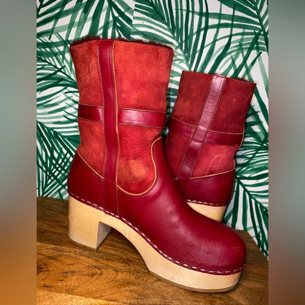 Sweedish Hasbeens Red Leather Shearling Wood Platform Ankle Boots Women’s 39/9 - Picture 9 of 13